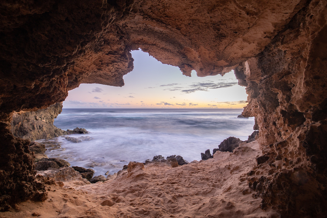 Seaside cave sunset, Makewehi Lithified Cliffs