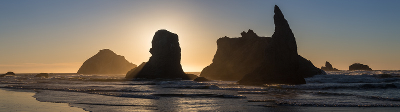 Sea stacks silhouettes at sunset, Bandon, Oregon