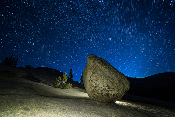 Balanced boulder and star trails, Yosemite National Park
