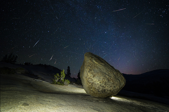 Balanced boulder and Perseids meteor shower, Yosemite National Park